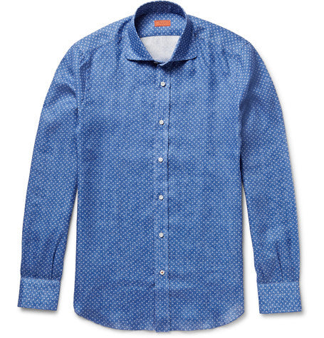 slim fit penny collar floral print linen shirt