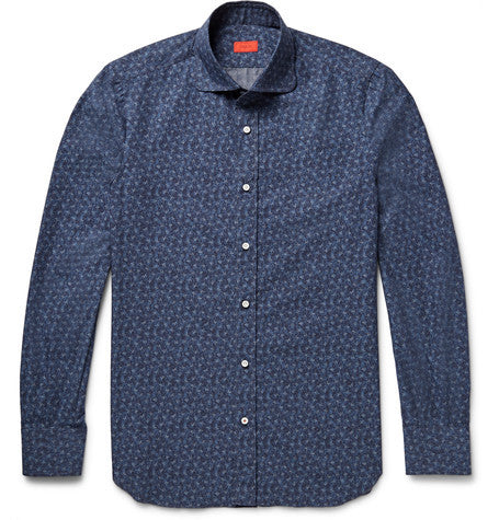 slim fit penny collar printed cotton shirt