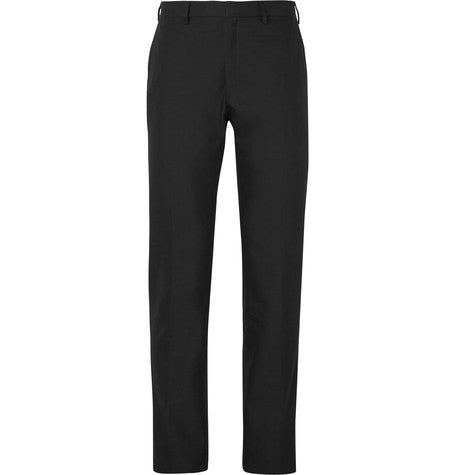 slim fit leather trimmed cotton and silk blend twill trousers