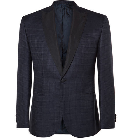 navy slim fit checked silk and wool blend tuxedo jacket