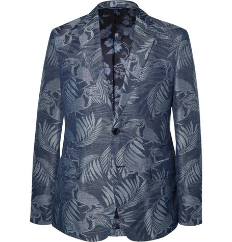 slim fit toucan jacquard linen and cotton blend blazer