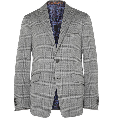 grey slim fit prince of wales checked stretch cotton blazer