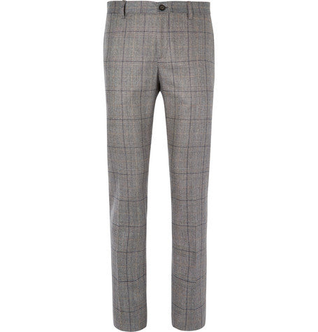 slim fit prince of wales checked silk suit trousers