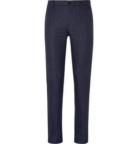 navy slim fit hemp and cotton blend trousers