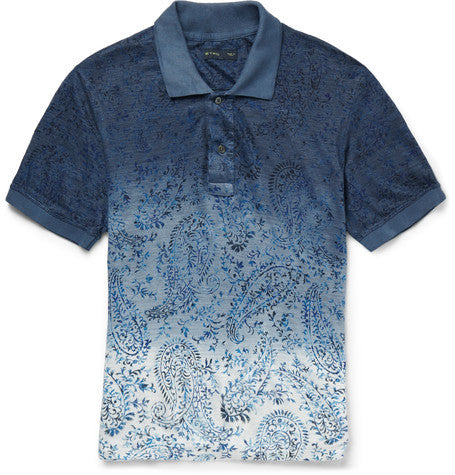 slim fit degrade paisley print linen jersey polo shirt