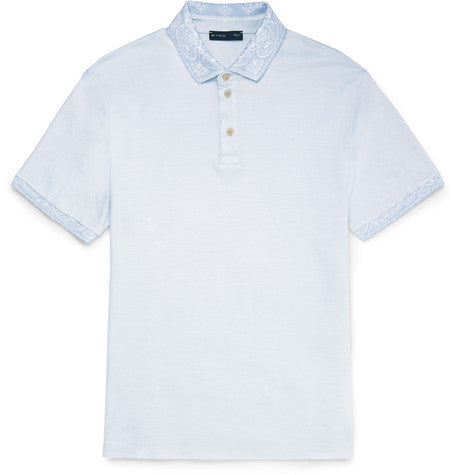 slim fit paisley trimmed silk and cotton blend pique polo shirt