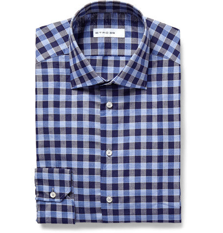 mercurio slim fit checked linen and cotton blend shirt