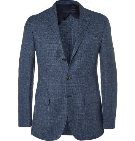 blue puppytooth linen and wool blend blazer
