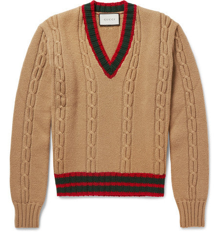 slim fit striped cable knit wool sweater