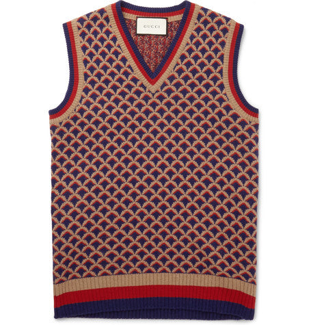 jacquard knit camel  wool and silk blend sweater vest
