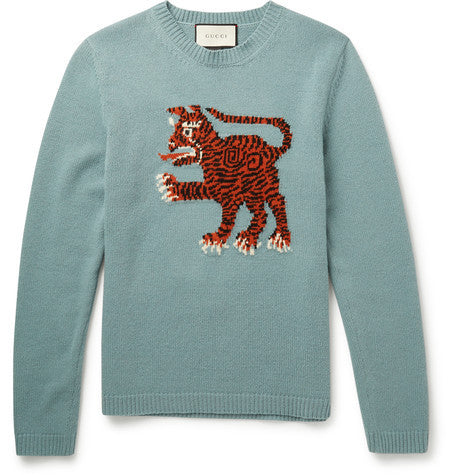 slim fit tiger intarsia wool sweater