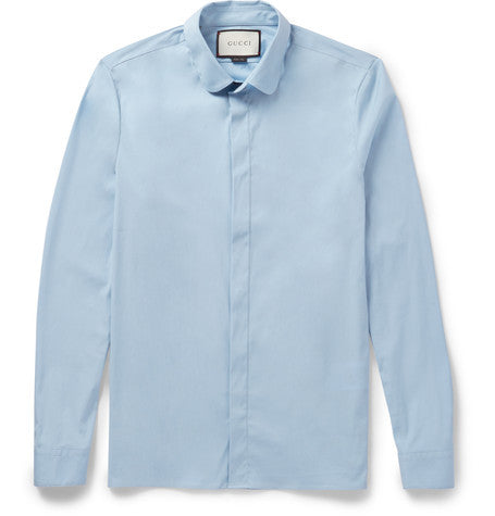 slim fit penny collar cotton blend poplin shirt