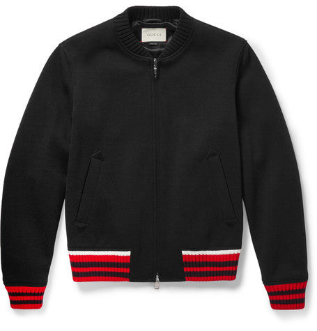 stripe trimmed wool blend bomber jacket