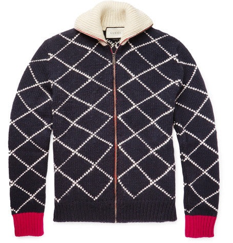 geometric intarsia wool zip up sweater