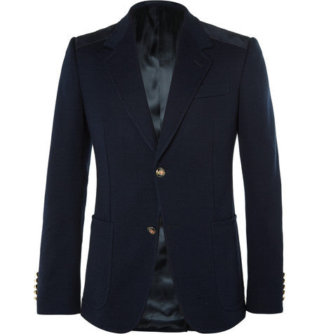 navy slim fit suede trimmed stretch cotton blazer