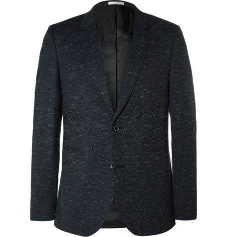 midnight blue slim fit slub wool and cotton blend suit jacket