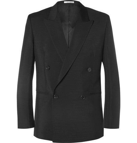 black slim fit mohair and wool blend suit jacket