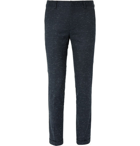 navy slim fit slub stretch wool and cotton blend suit trousers