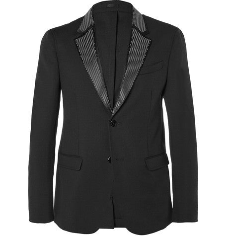 black slim fit studded virgin wool and mohair blend tuxedo jacket