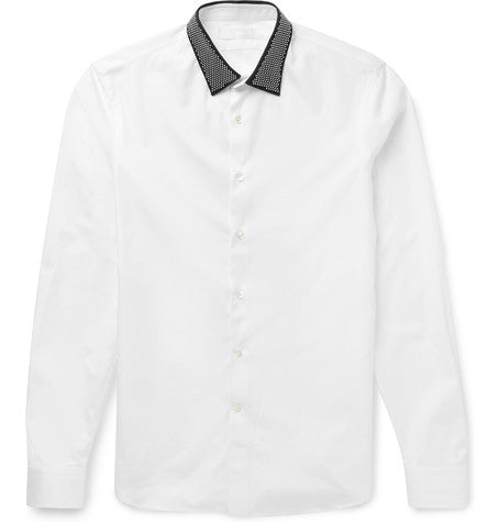 white slim fit studded collar cotton poplin shirt