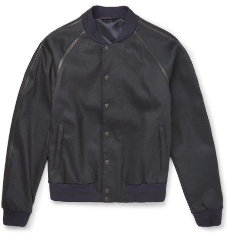 leather trimmed stretch twill bomber jacket