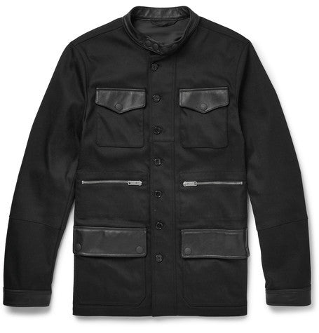 slim fit leather trimmed stretch twill jacket