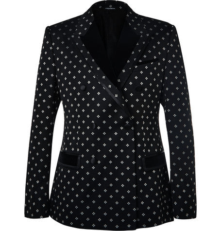 black slim fit velvet trimmed cotton blend jacquard tuxedo jacket