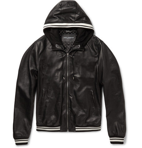 jersey trimmed leather hooded jacket