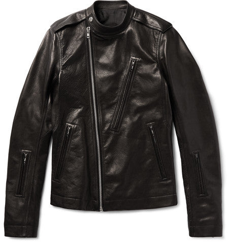 slim fit grained leather biker jacket