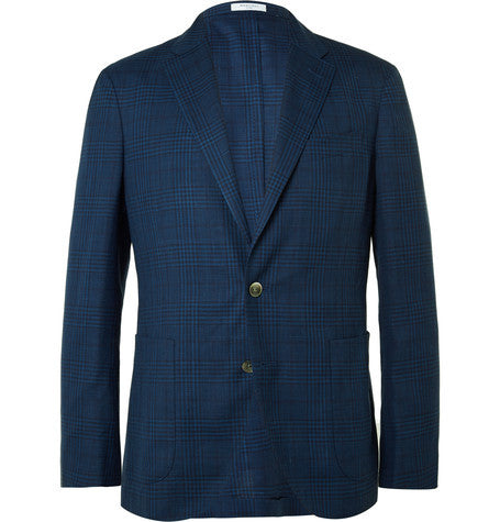 blue dover slim fit checked wool  linen and silk blend blazer