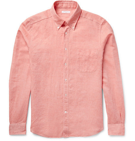 slim fit slub linen and cotton blend shirt
