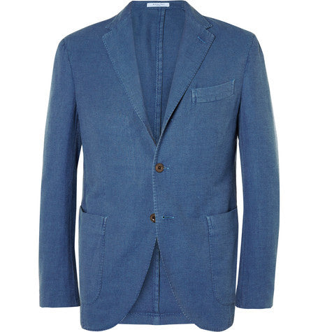 blue slim fit cotton and linen blend hopsack blazer