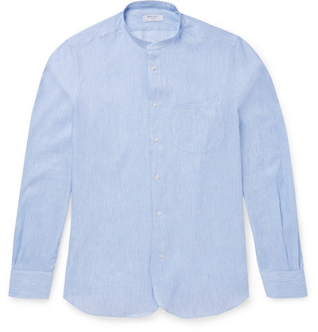 slim fit grandad collar striped linen and cotton blend shirt