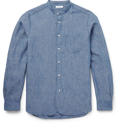 grandad collar cotton and linen blend chambray shirt
