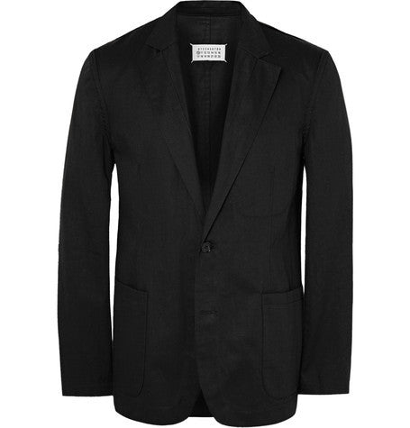 slim fit cotton and linen blend twill blazer