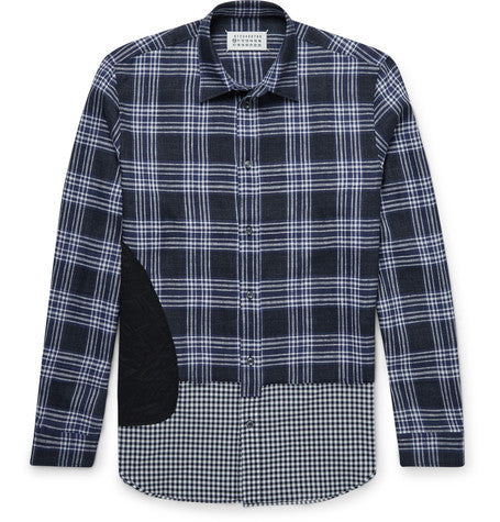 contrast panel checked linen shirt