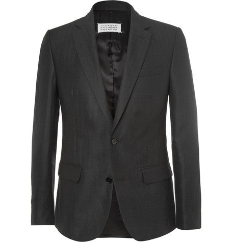 black slim fit herringbone wool and linen blend blazer