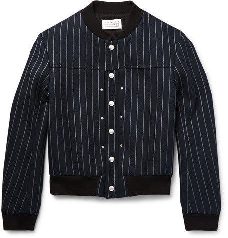 pinstriped stretch wool blend twill bomber jacket
