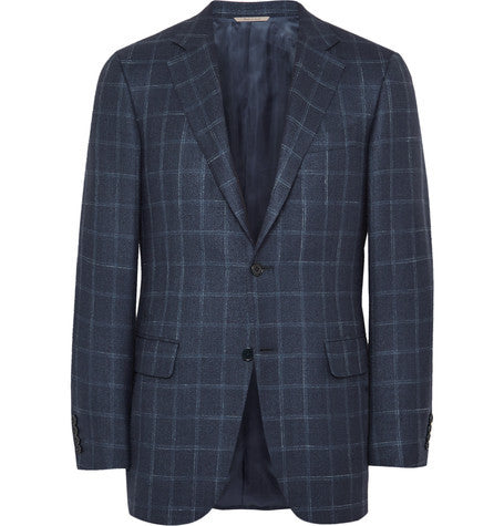 navy checked wool  silk and linen blend blazer
