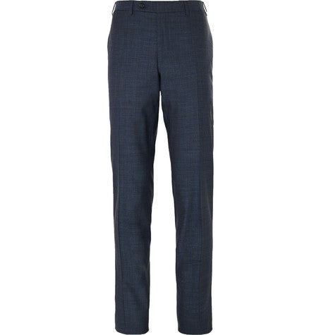 blue slim fit birdseye stretch wool and silk blend trousers