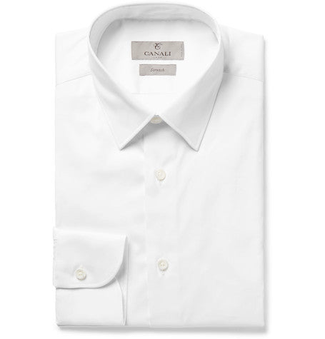 white slim fit stretch cotton blend twill shirt