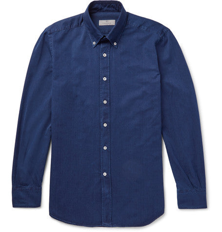 slim fit button down collar cotton blend twill shirt