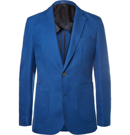 blue slim fit cotton and virgin wool blend hopsack blazer