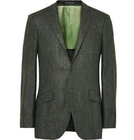 dark green seishin slim fit slub silk and linen blend blazer