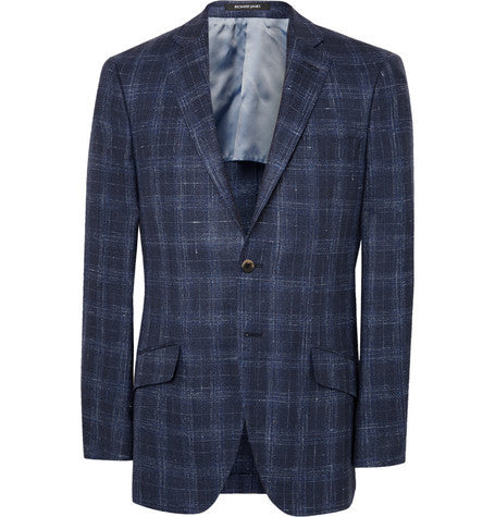 blue seishin slim fit checked wool  silk and linen blend blazer