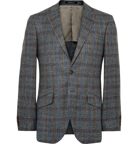 seishin slim fit checked silk  linen and wool blend blazer