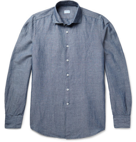 slim fit linen and cotton blend chambray shirt