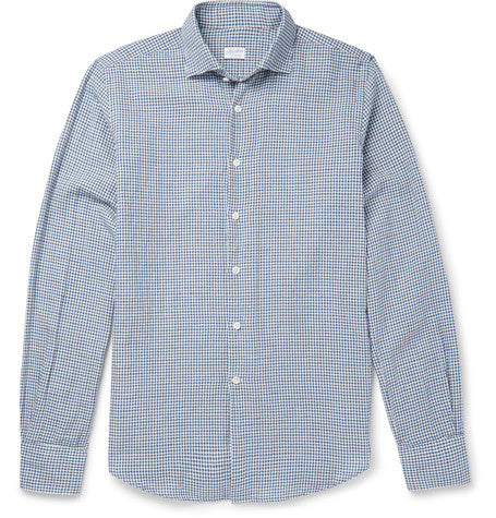 slim fit checked cotton and linen blend shirt