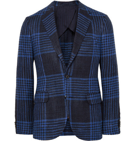 blue slim fit checked silk and cotton blend blazer