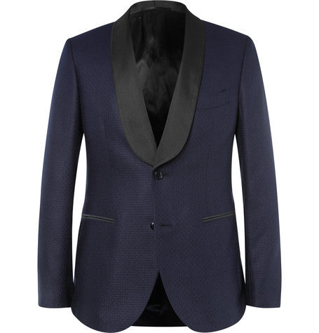 navy slim fit faille trimmed silk jacquard blazer